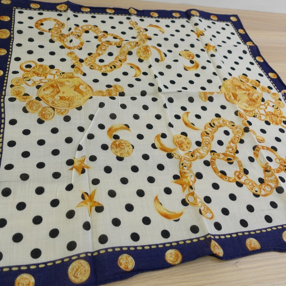 90s VTG CELINE Paris Handkerchief Blue Gold Medallion Chain Dots AUTH Luxe 17x17 - Picture 9 of 11